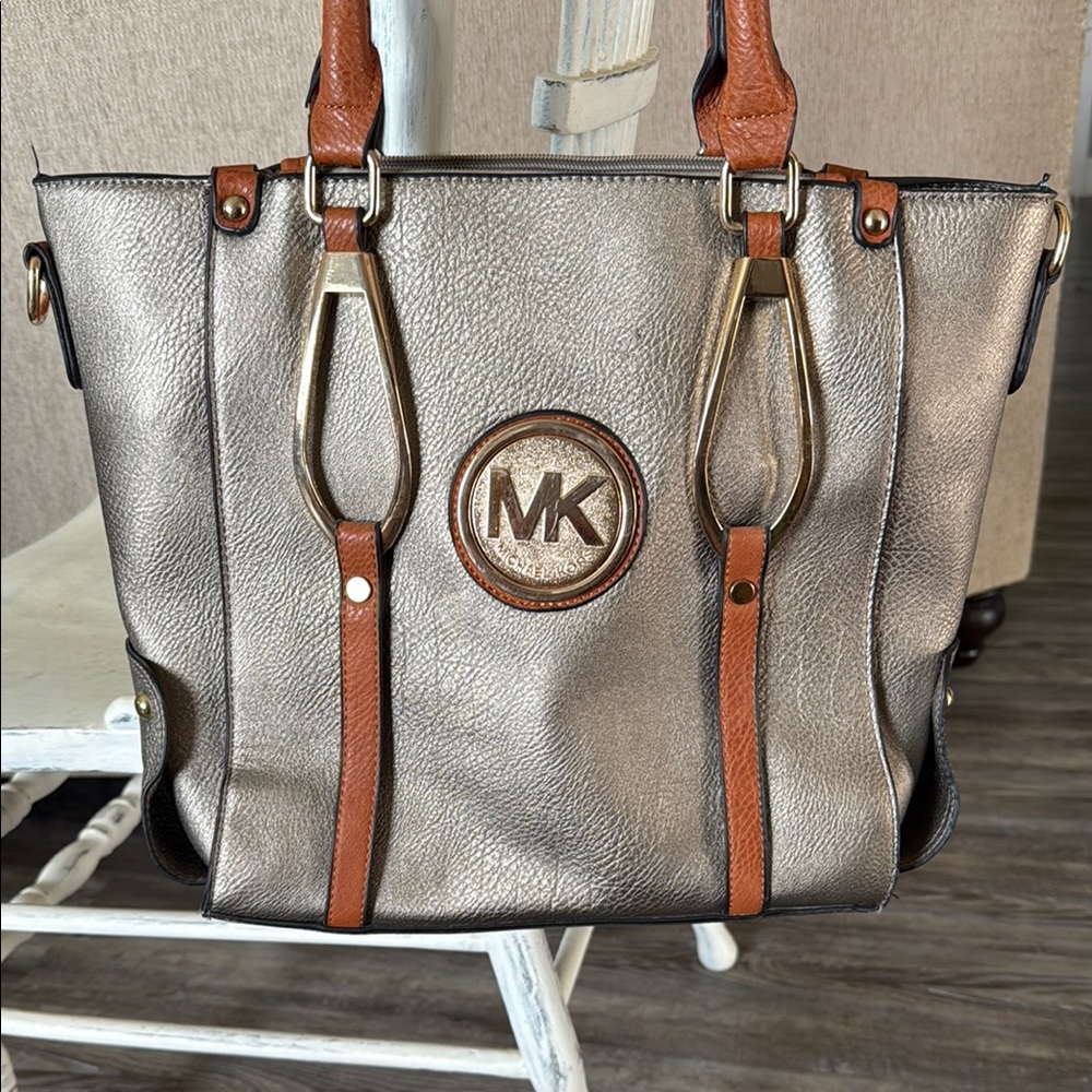 Michael Kors Silver and Tan Tote Bag